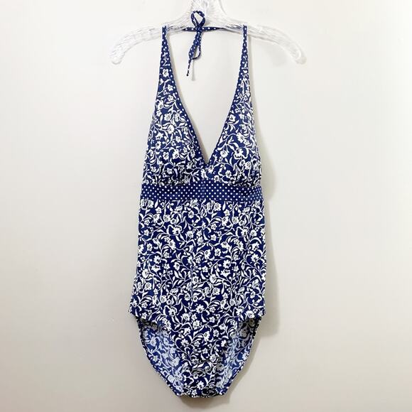 LL Bean Floral/Polka Dot Navy/White One Piece Swimsuit - Picture 1 of 7